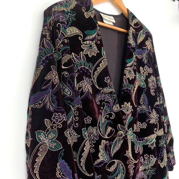 Vtg Velvet Blazer Jacket Très Paquette Byer M Black Green Gold Shoulder Pads 80s - Picture 3 of 13